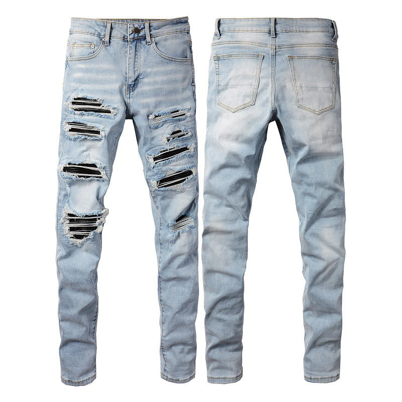 European And American High Street Patch Ripped Jeans