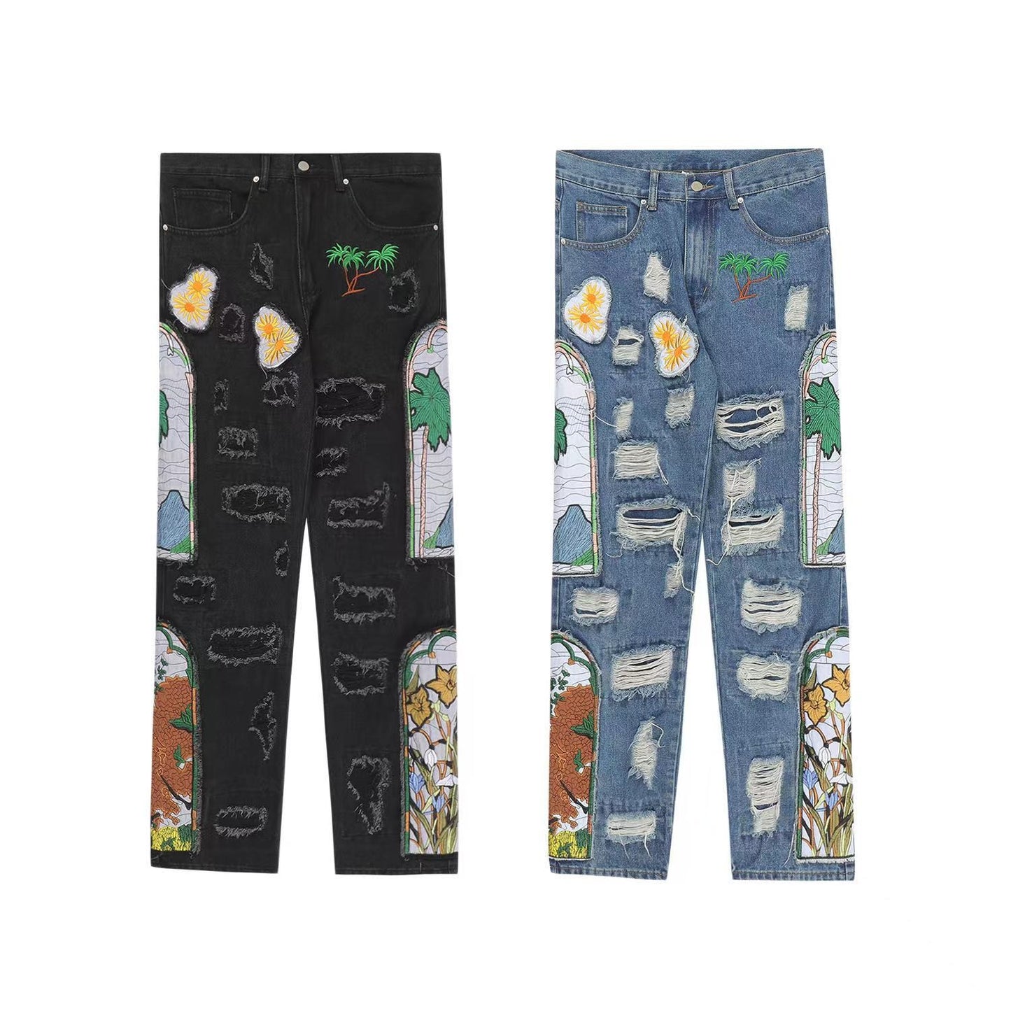 Loose Machine Embroidery Patch Straight-leg Denim Trousers