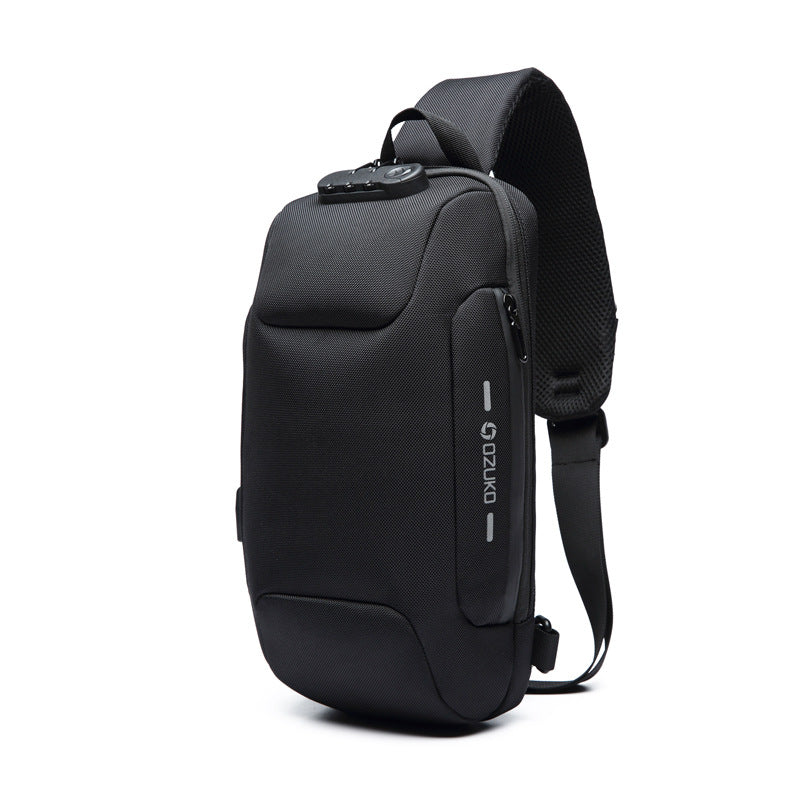 ozuko new chest bag usb anti-theft men's chest bag Korean casual 「men's shoulder bag waterproof Oxford cloth chest bag」