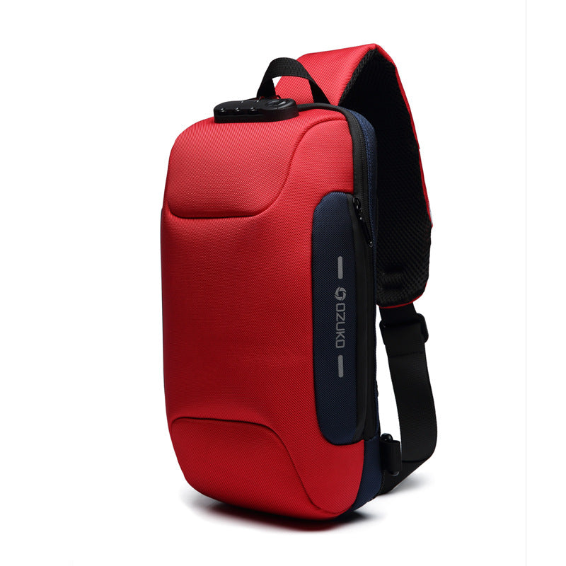 ozuko new chest bag usb anti-theft men's chest bag Korean casual 「men's shoulder bag waterproof Oxford cloth chest bag」